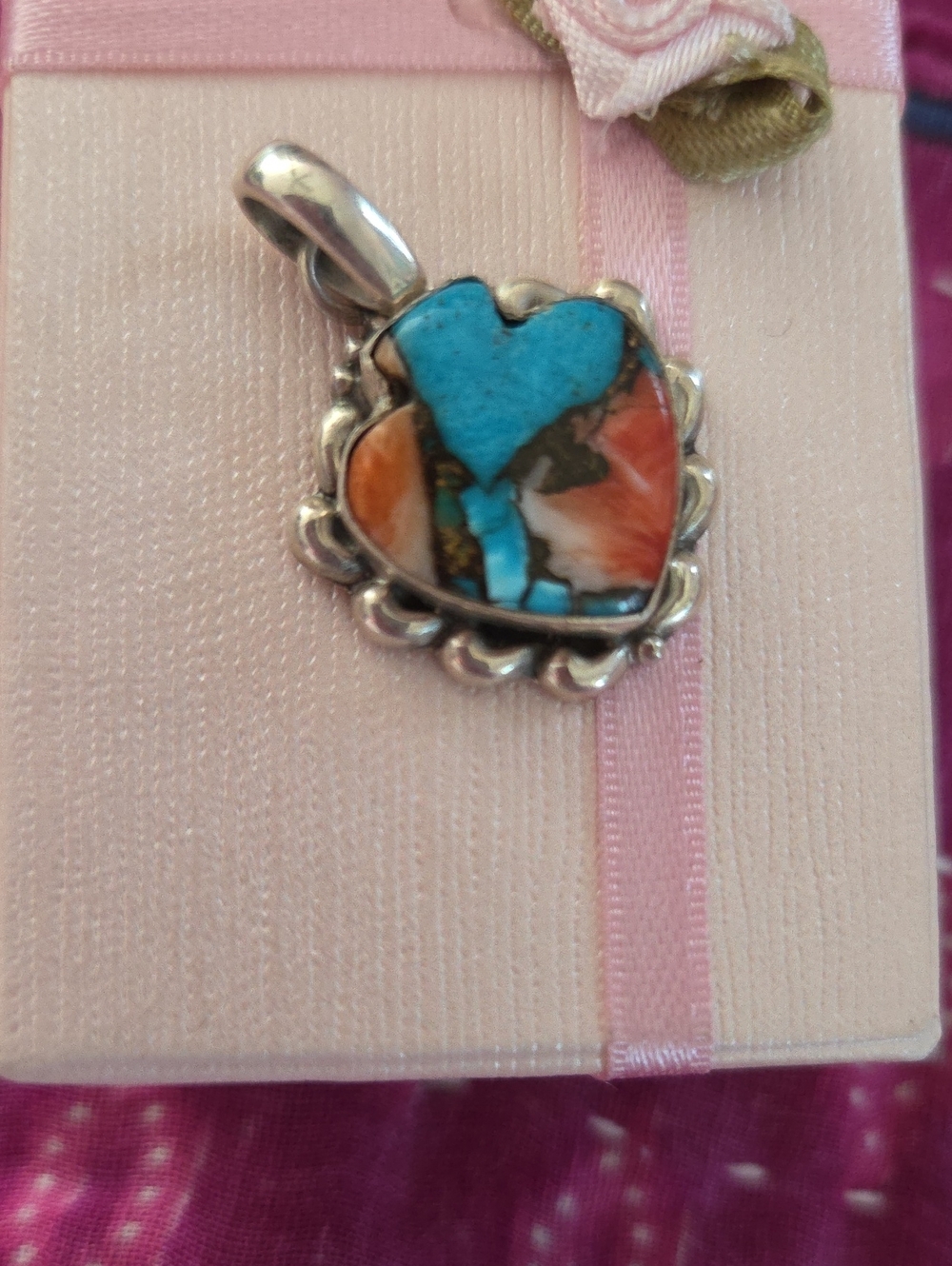 Navaho made 925 Sterling Silver Pendant with Turquoise and Coral Inlay